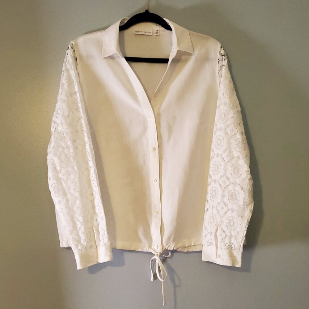 Linen Cotton Blend Rafael Large White Lace Sleeve Button Down Top - Picture 11 of 11